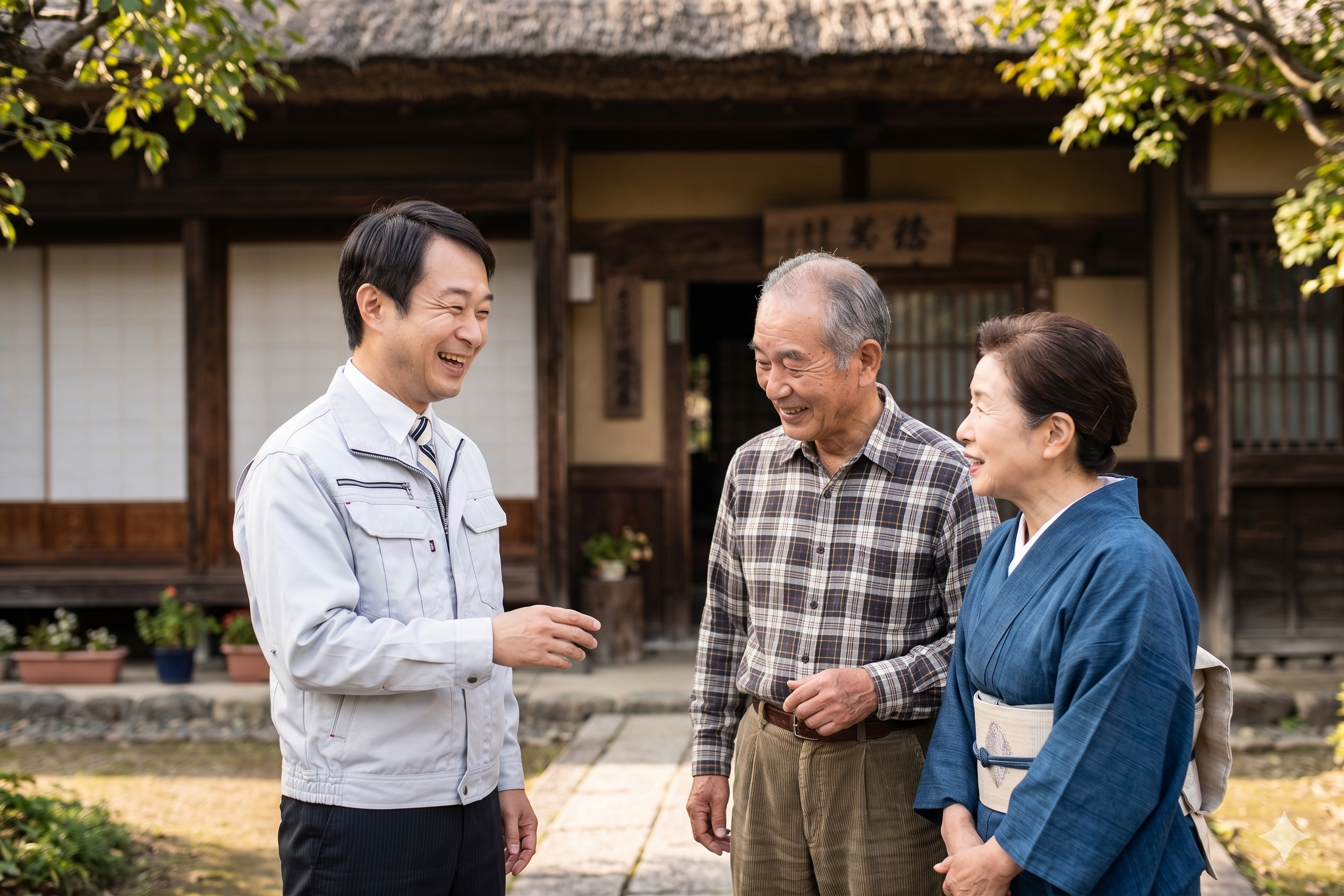 宇陀の伝統的家屋の前で、お客様ご夫婦と打合せをする監督・植上