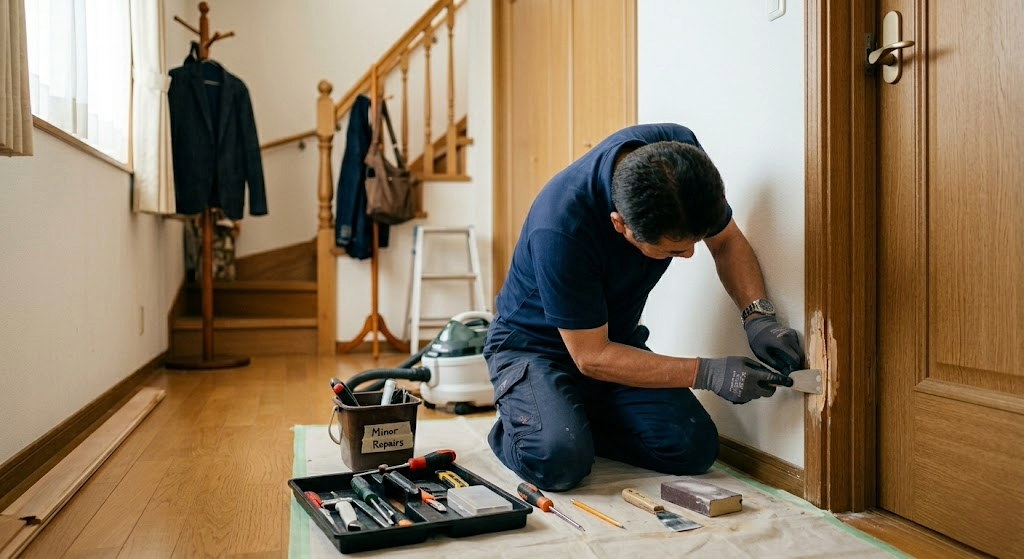 ドアの小修繕作業をする職人 — 小修繕・メンテナンス